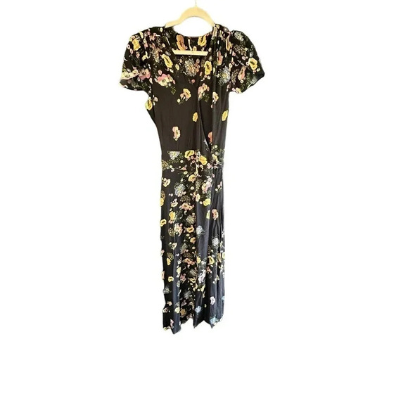 Free People Women Black Floral Print Short Sleeve V-Neck Wrap Maxi Dress Size SP - Picture 2 of 10